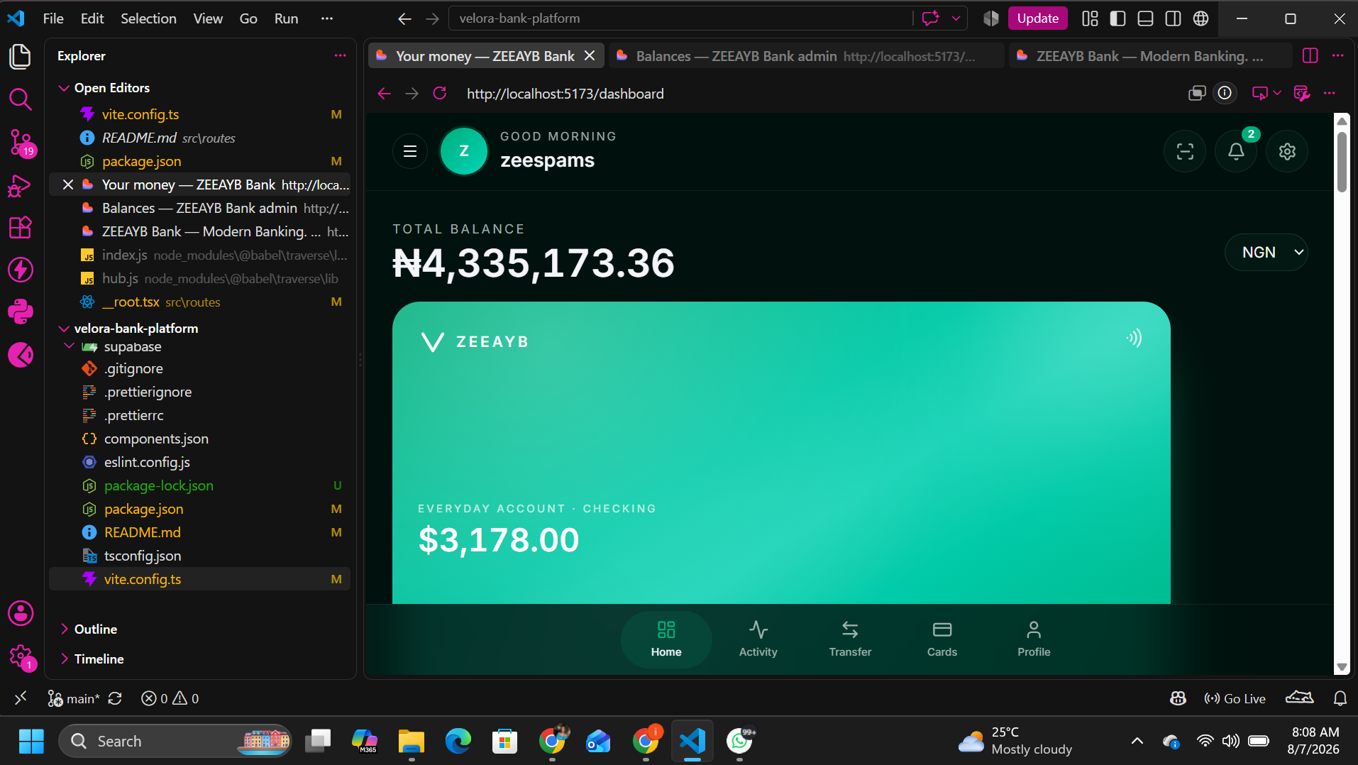Online banking landing page interface