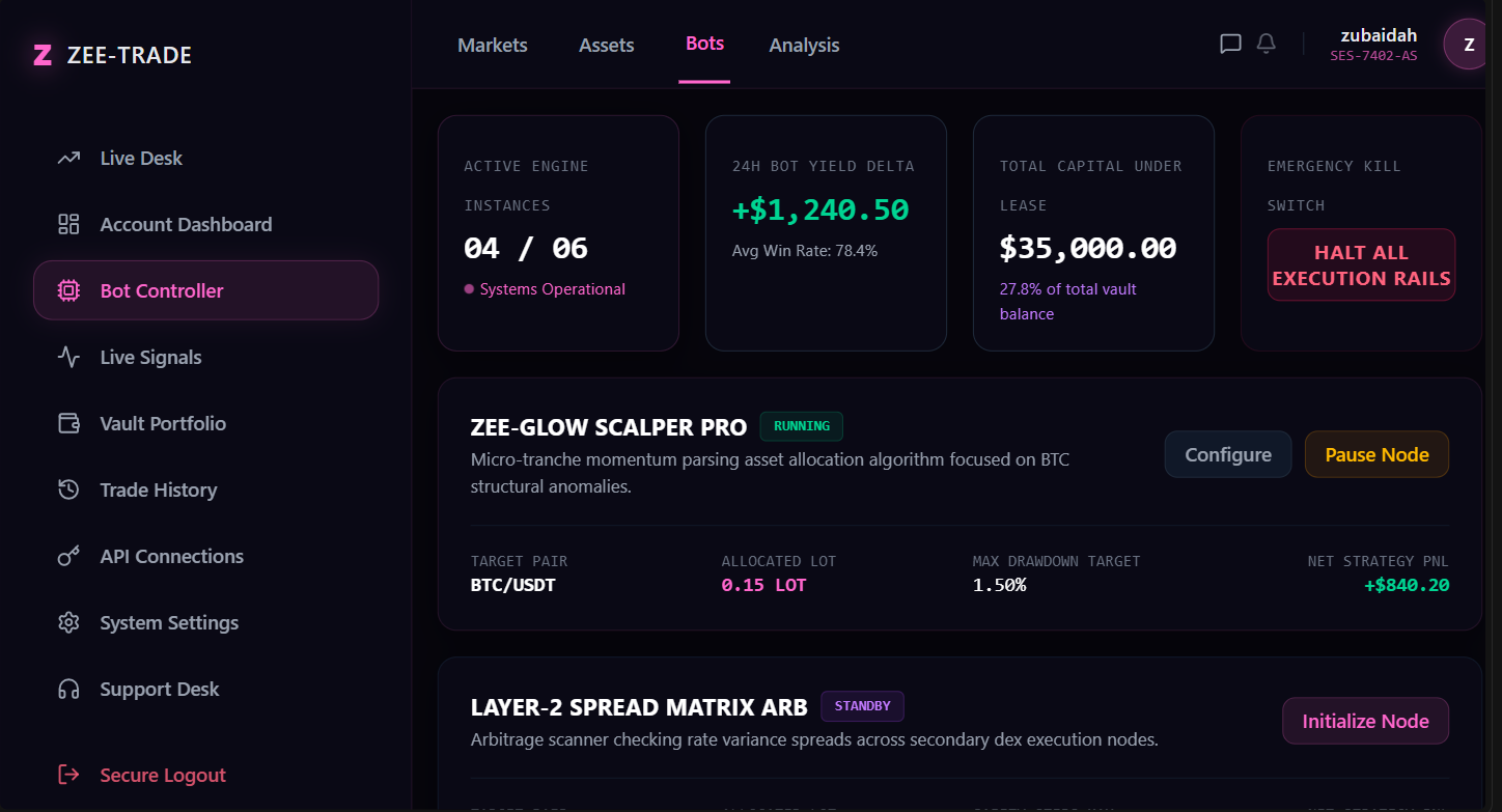 Zee Trade Python trading simulation running in a terminal